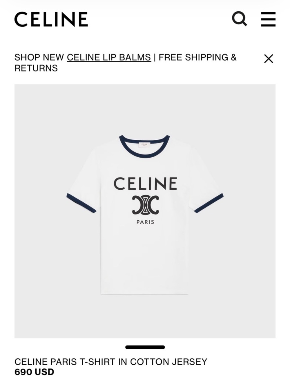 Celine White Cotton Tee with Navy Trim and Logo
